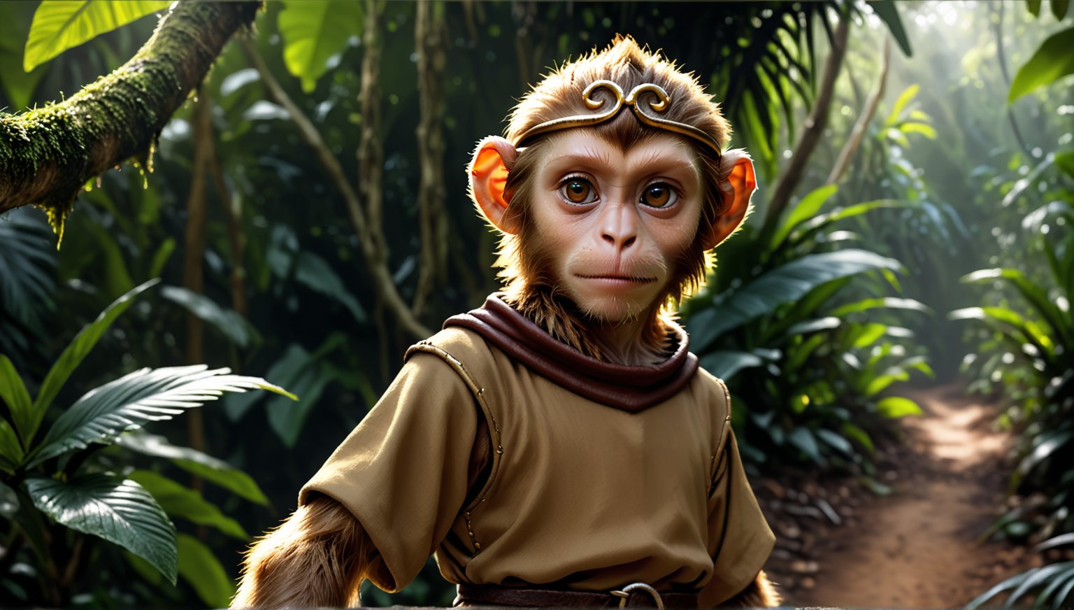 A brown juvenile male monkey dressed in very simple style medieval tunic, in a realistic furry style, 
photorealistic,  
jungle scene,wearing a tight headhoop on head ,