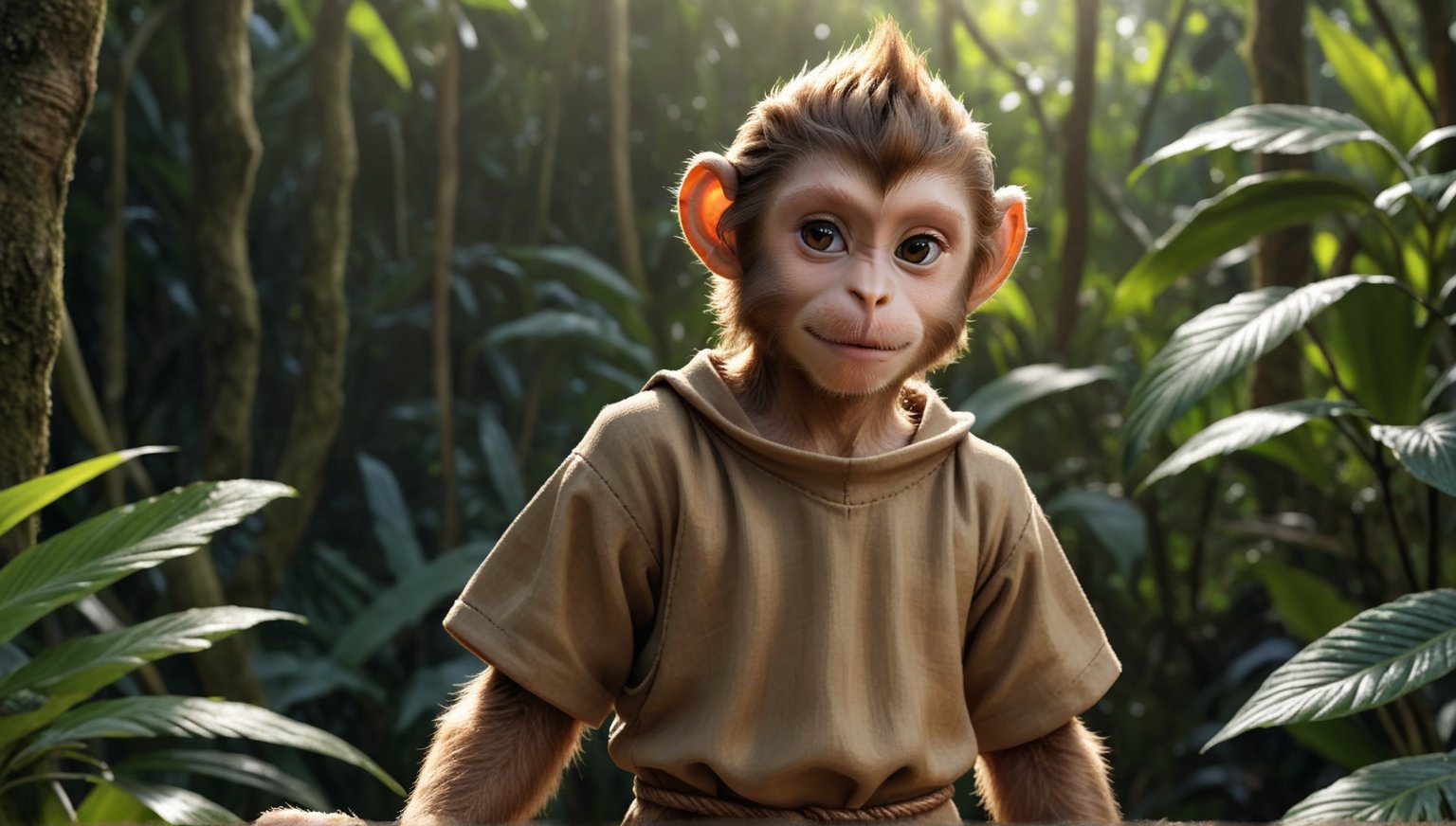 A brown juvenile male monkey dressed in very simple style plain cloth medieval tunic, in a realistic furry style, 
happy, photorealistic,  
jungle scene,