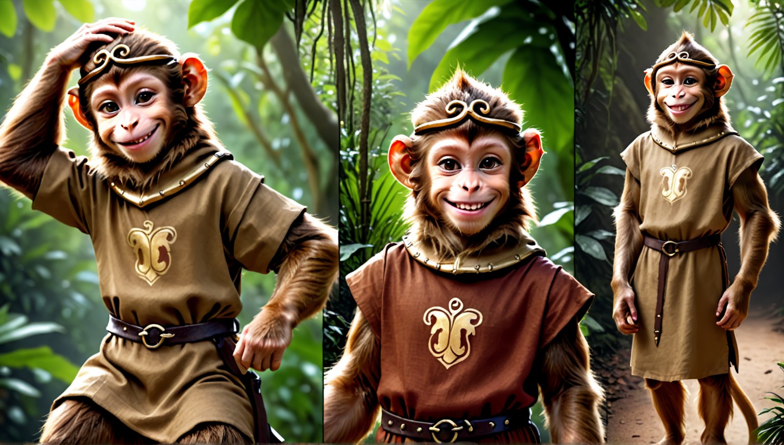 A brown juvenile male monkey dressed in very simple style medieval tunic, in a realistic furry style, 
happy smile, photorealistic,  
jungle scene,wearing a tight headhoop on head ,