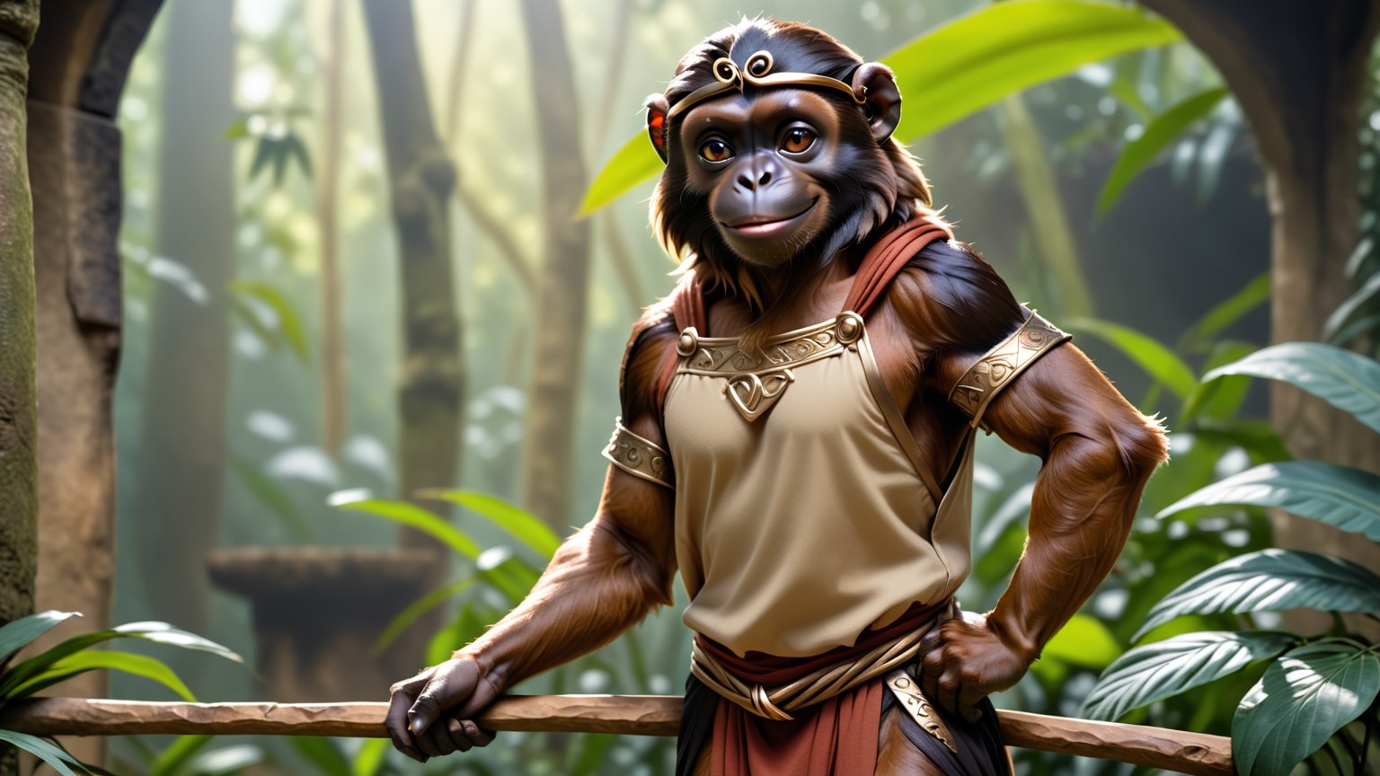 Epic full body photo insane details, 
A little thin brown bonobo anthro with brown eyes in a realistic furry style, with a handsome, happy smile, dressed in very simple style medieval tunic, wearing a tight headhoop on head ,
holds up a beautifully carved long stick in his right hand. 
His left hand is tucked out of sight in his pocket. 
In the background an out-of-focus jungle scene, detailed eyes, fantasy style, smirking, full_body.
anthro,wearing a tight headhoop on head