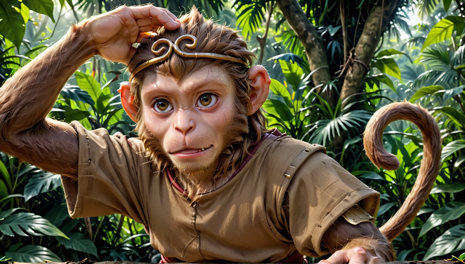 A brown juvenile male monkey dressed in very simple style medieval tunic, in a realistic furry style, 
photorealistic,  
Naughty expression,  
jungle scene,wearing a tight headhoop on head ,