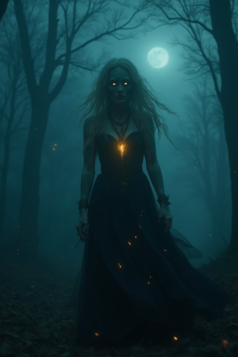 A ghostly, enchanted figure, a mysterious woman with glowing eyes and ancient, intricate tattoos on her pale skin, wanders through a misty, moonlit forest at midnight. She wears a flowing, black Gothic gown that billows in the wind, with glowing embers floating around her. A faint golden glow from a magical pendant on her neck casts eerie light across the shadowy trees. The atmosphere is cold and mystical, with dark tones of blue and black, shrouded in thick fog. The forest feels alive, haunted by her presence.