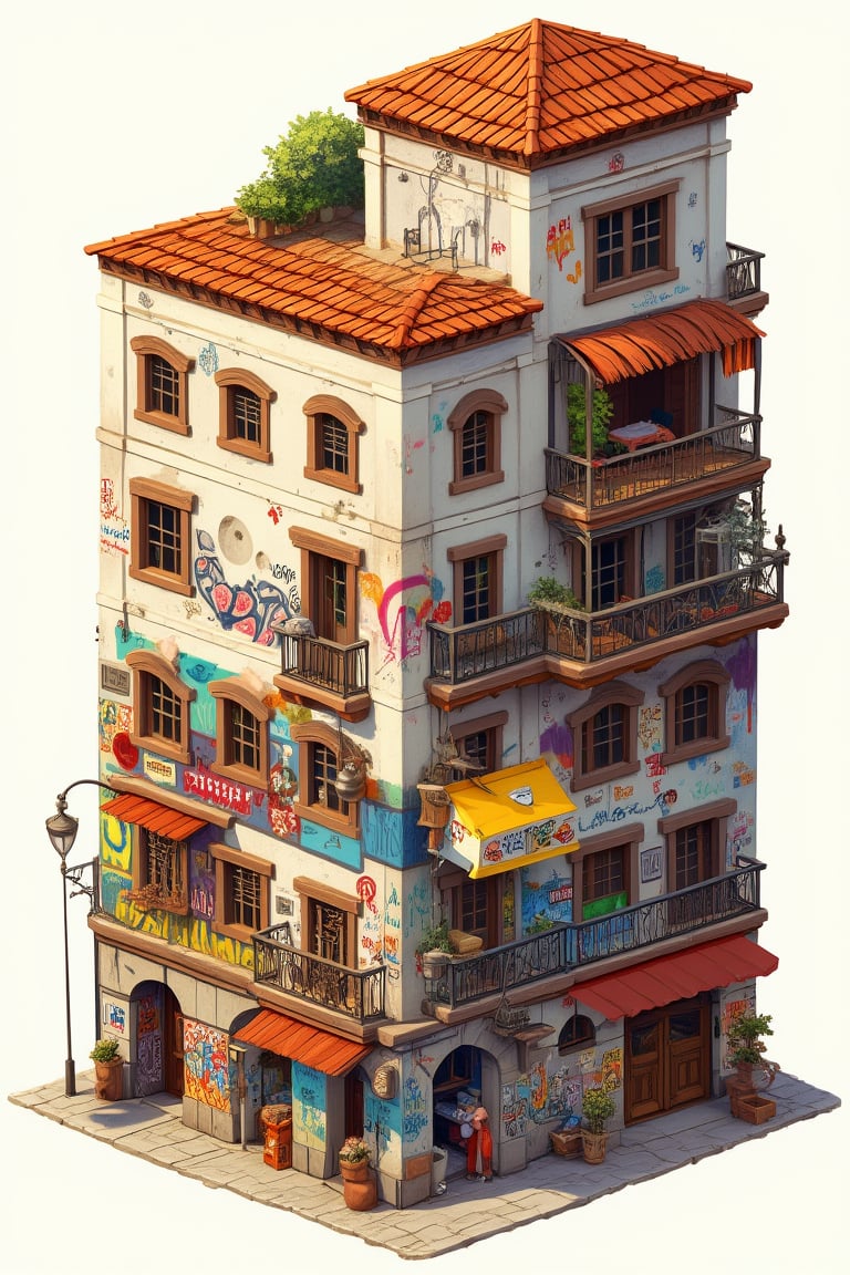 3D isometric drawing of a Mediterranean-style building with multiple floors and terracotta-tiled roofs. Vibrant, colorful graffiti covers the exterior walls in bold tags, intricate murals, and street art, each section showcasing different techniques. Aged plaster texture contrasts with fresh, vivid colors, while simple, rustic windows and doors add to the charm. Warm, natural lighting highlights the structure, casting soft shadows for a 3D effect.