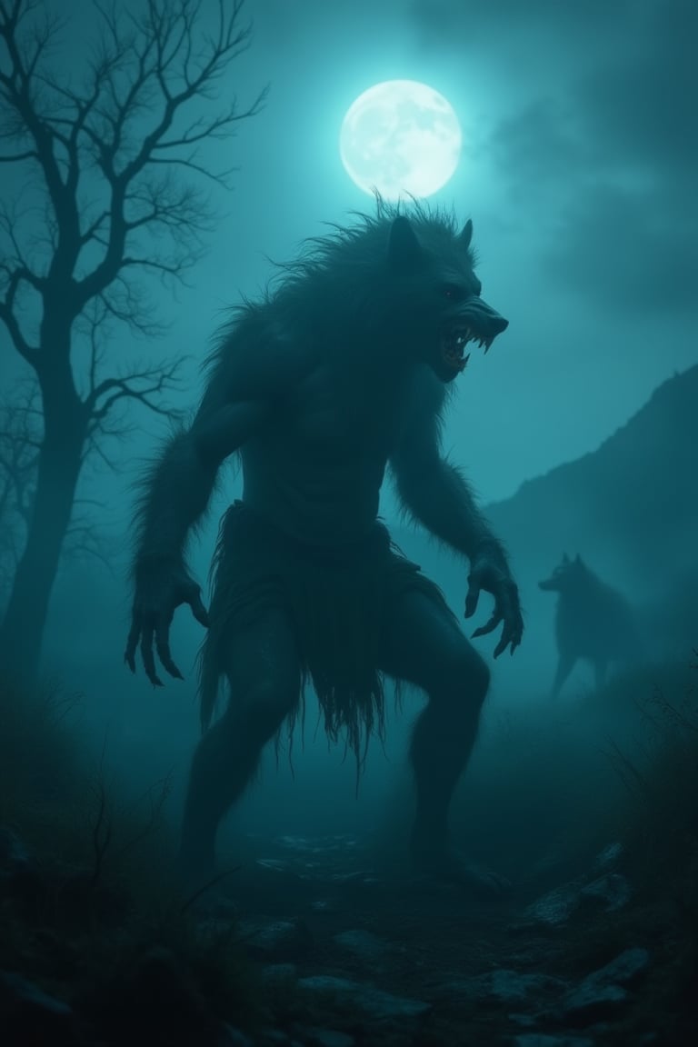 On a fog-covered, desolate moor under the light of a full moon, a man is in the throes of transformation into a werewolf. His body contorts painfully as fur sprouts from his skin, and his face elongates into a terrifying snout. Torn clothes barely hang onto his changing form. Fog swirls around him, obscuring dark silhouettes of twisted trees and distant, shadowy hills. Moonlight casts an eerie glow on his half-human, half-wolf figure, highlighting the agony and raw power of the transformation. Distant howls of other werewolves echo through the night. The scene evokes terror, suspense, and primal horror, with deep blues, silvers, and dark shadows enhancing the haunting, supernatural tone.