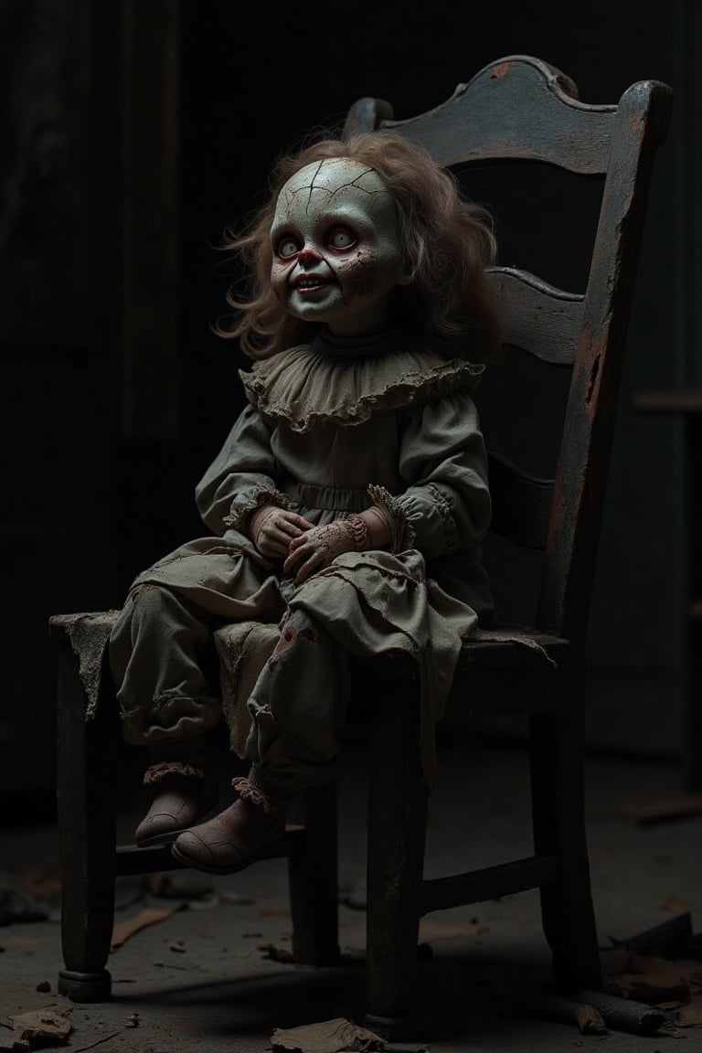 A cracked ceramic doll with glassy eyes and a twisted smile sits rigidly on a decayed chair in a dark, gothic room. The room is dimly lit, casting long shadows that enhance the eerie, haunted atmosphere. The doll's posture is stiff, and the chair is weathered, adding to the overall sense of decay and foreboding. The composition focuses on the doll, with the chair and room serving as a backdrop that emphasizes its unsettling presence.