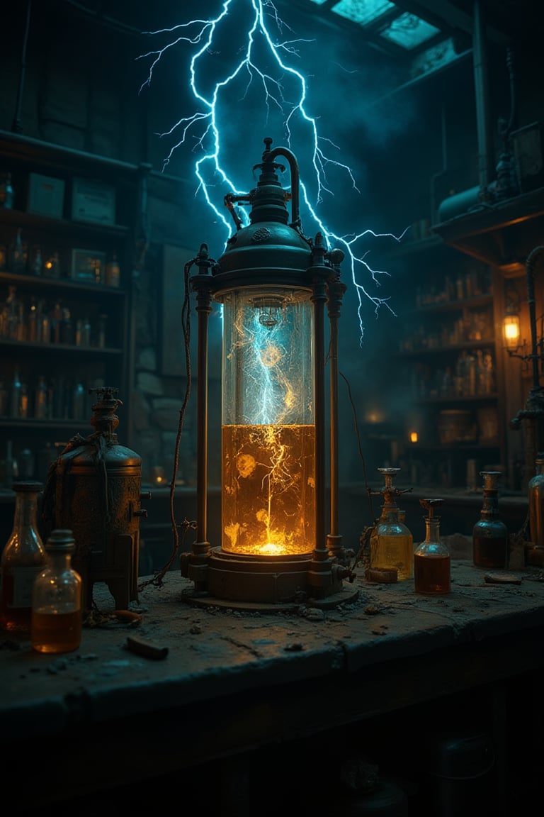 A dark, Gothic laboratory inspired by Frankenstein’s experiments. At the center, a large glass cylinder filled with glowing golden liquid, with a mysterious electrical experiment in progress. Arcs of blue lightning crackle through the chamber, lighting up the dim space. Machinery around the cylinder is made of aged brass, copper pipes, and intricate valves, exuding a steampunk aesthetic. Workbenches are cluttered with beakers, test tubes, strange alchemical bottles, and old, weathered scientific instruments. Lighting is low and moody, with warm amber and golden tones casting long shadows, contrasting sharply with the cold blue of the electricity. The atmosphere is tense and charged, as though the mad scientist’s experiment is on the verge of reanimating life. The scene evokes the eerie, thrilling essence of Frankenstein's iconic lab, where science blurs the line with the unnatural.