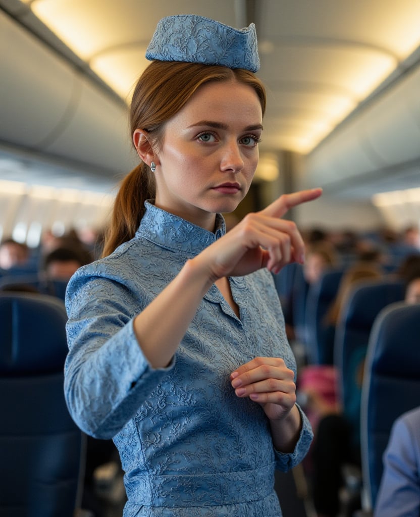 (Jessica Barden) is an air hostess wearing a lace style  blue uniform and a little hat. standing in an airplane, she is motioning towards the plane exits with a serious look on her face . her hair is pulled back in a neat ponytail. shot from the front on a Hasselblad H2F