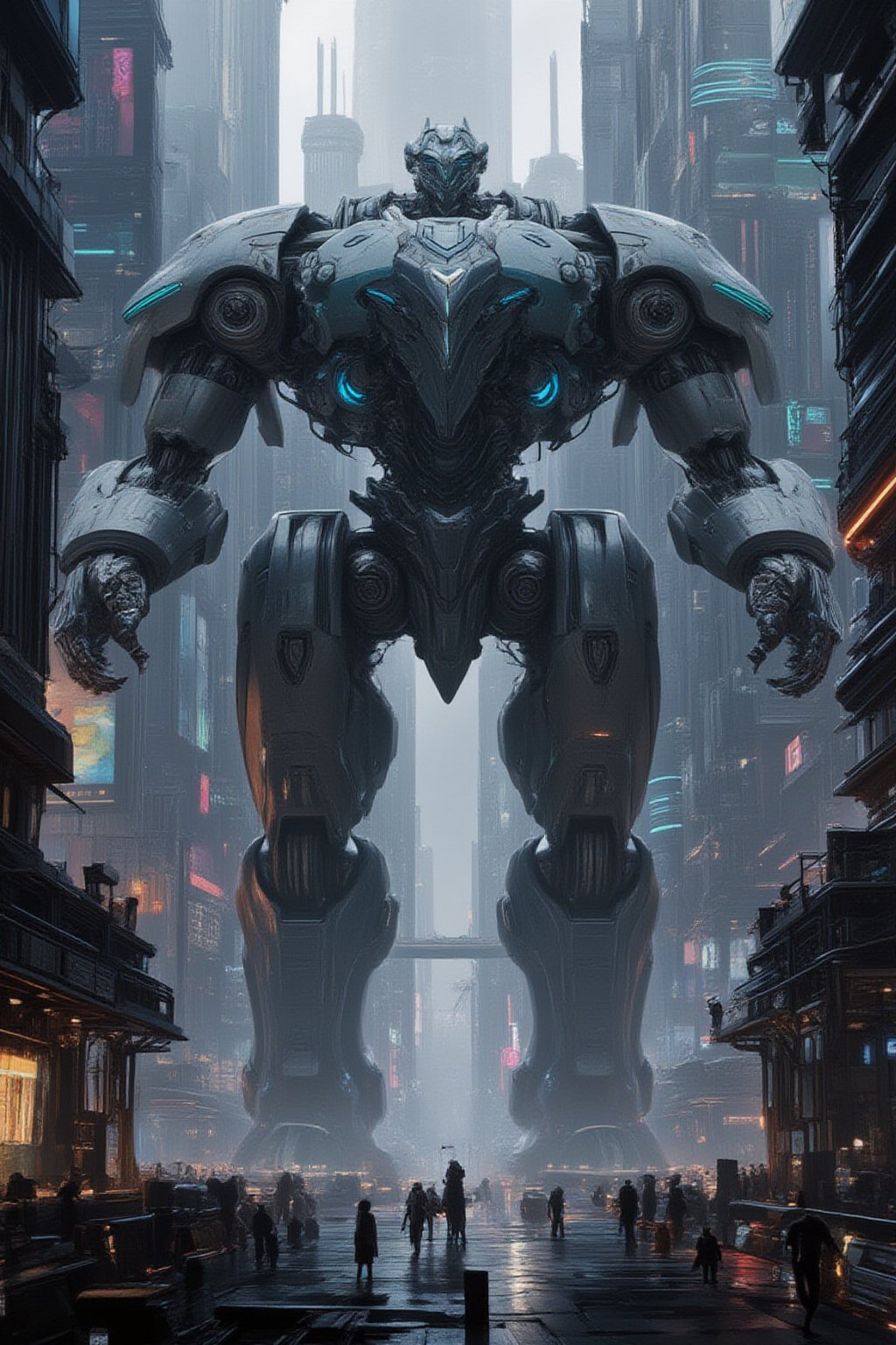 A futuristic cyberpunk warrior robot, massive in size, with a towering presence that dwarfs human figures. The cityscape behind it is a labyrinth of neon-lit skyscrapers and holographic advertisements, with humans scurrying about like ants in comparison. The robot's mechanical limbs and glowing blue optics seem to pierce through the smog-filled air as it stands victorious amidst the urban chaos.,FuturEvoLabNinja,FuturEvoLabMecha,FuturEvoLabGiant