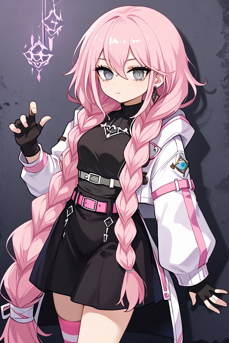 astellar, pink hair, grey eyes, twin braids, very long hair, hair between eyes white jacket, cropped jacket, black shirt, black fingerless gloves, pink belt, black long skirt , single thighhigh, striped thighhigh