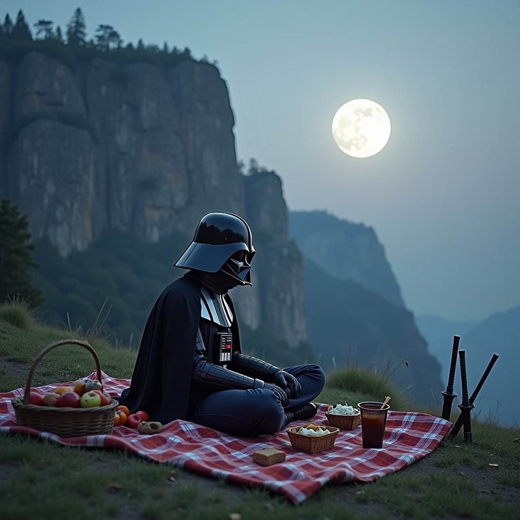 Imagine a serene scene where Darth Vader, without his iconic helmet, sits comfortably on a picnic blanket spread across a grassy knoll. He wears casual attire that contrasts with his usual imposing armor, showcasing a softer side of the dark lord. Surrounding him are a variety of picnic items: a basket filled with food, a few drinks, and an assortment of snacks.

In the background, the mountain peak looms majestically, with a cliff edge visible under a full moon shining brightly in the sky. The soft glow of the moonlight creates a peaceful atmosphere, while nearby, the silhouettes of lightsabers can be seen propped against the ground, hinting at the duality of Vader's character.

As he enjoys his picnic, Vader's expression is relaxed and contemplative, a stark contrast to his usual menacing presence. This whimsical scene blends the dark themes of Star Wars with a lighthearted, everyday activity, inviting viewers to imagine the unexpected moments of peace in the life of a well-known villain.