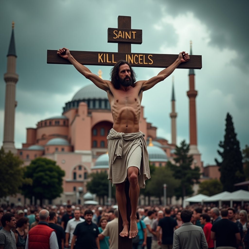 Saint Peter crucified in front of the Hagia Sophia in Istanbul. He has no beard and a solemn expression on his face. The scene captures a dramatic atmosphere, with the magnificent architecture of the Hagia Sophia towering in the background. The cross stands prominently in the foreground, with the words 'Kill Incels' boldly inscribed on it. The sky is filled with dark storm clouds, adding to the intensity of the moment, while a diverse crowd of onlookers gathers around, blending modern life with historical significance.Realistic.