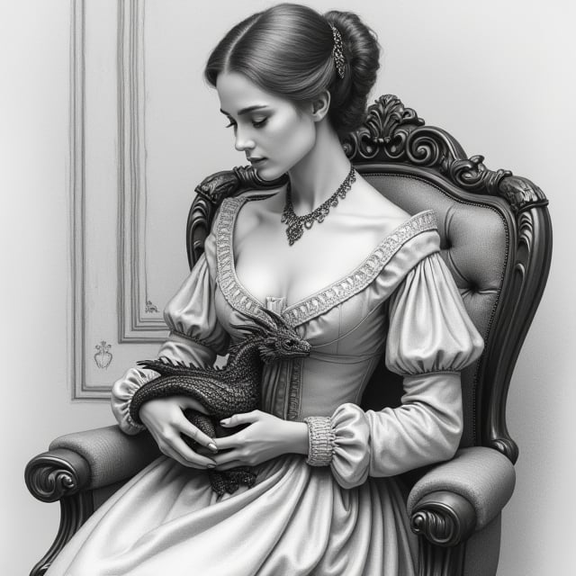 "A Victorian-era woman, with no distinct hair or skin color, seated on an ornate Victorian chair in a palace room. The drawing is in portrait style, focusing on her upper body, with her elegant Victorian clothing and a small dragon hatchling in her hands. The scene is rendered in a pencil sketch, with detailed shading on her clothing and the intricate design of the chair, capturing the refined elegance of the 19th-century style."