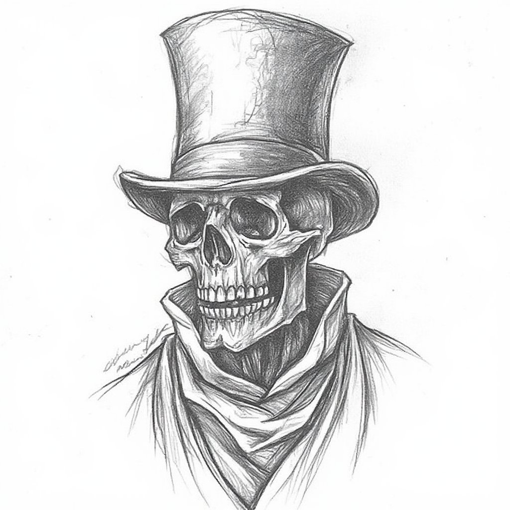 "A detailed pencil sketch of a decaying skull wearing a tall, wide-brimmed hat. The skull has prominent teeth and hollow eye sockets, giving it a sinister and eerie look. The neck is wrapped in a striped cloth, adding a mysterious vibe to the figure. The overall design has a dark, gothic atmosphere with a surreal twist, emphasizing death and decay while maintaining a whimsical yet ominous tone."