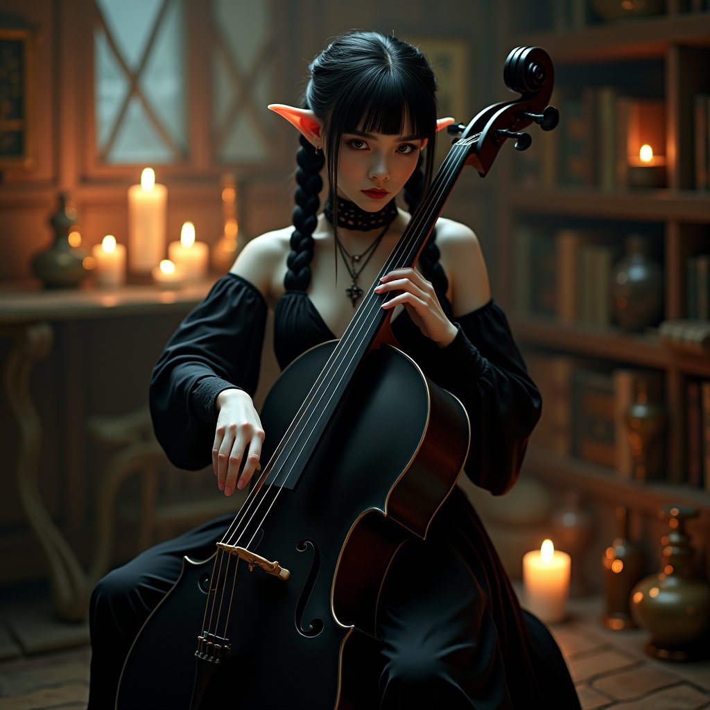 A serene and enchanting scene unfolds in the softly lit corner of a mystical room, where the beautiful female elf, with her long, straight black hair braided into two elegant pigtails and her pale white skin, sits gracefully with a sleek black cello nestled between her legs. The gentle glow of candlelight reflects off the polished surface of the cello, creating a warm and inviting atmosphere.
Dressed in her intricate black gothic attire, she exudes an aura of elegance and mystery. As her delicate fingers glide over the strings, the deep, resonant tones of the black cello fill the air, creating a hauntingly beautiful melody. The music flows effortlessly, showcasing her skill and passion for the art.
Surrounding her, the room is adorned with magical artifacts and shelves filled with spell books and potions, enhancing the enchanting ambiance. The flickering candlelight casts shadows that dance across her face, highlighting her slightly pointed ears and captivating features. In this moment, the elf immerses herself in the world of music, weaving magic not only through her spells but also through the rich, emotive sounds of the black cello, inviting all who hear it to lose themselves in the beauty of the moment.(no bangs)