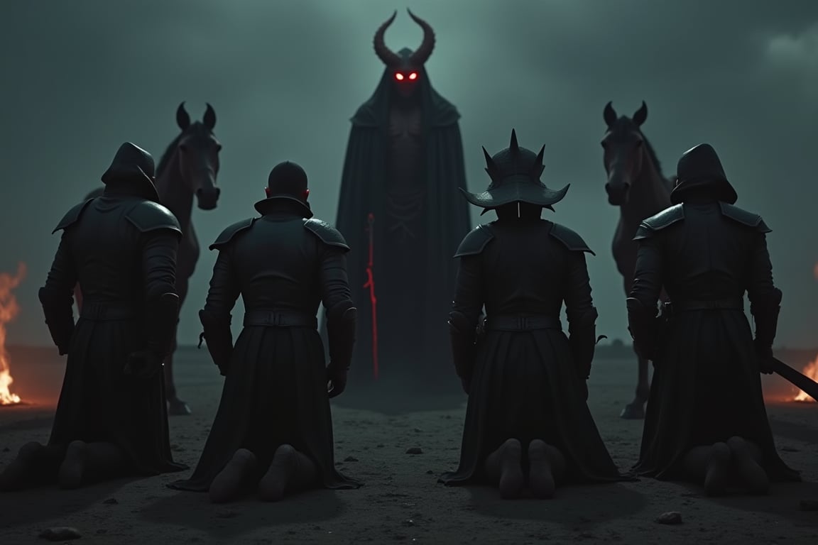 In a dark, desolate landscape, the Four Horsemen of the Apocalypse—Pestilence, War, Famine, and Death—kneel before a towering, demonic figure. The Devil stands in the center, cloaked in shadow, with glowing red eyes and twisted horns, exuding malevolent power. The Horsemen’s horses stand behind them, silent and still, their eyes burning with a sinister light. The ground beneath them is scorched and cracked, with flames flickering in the distance. The Horsemen bow their heads in submission, their dark armor glinting in the faint, eerie light, as the Devil gazes down at them with a cruel, victorious smile. The atmosphere is tense, filled with dread and infernal energy.
