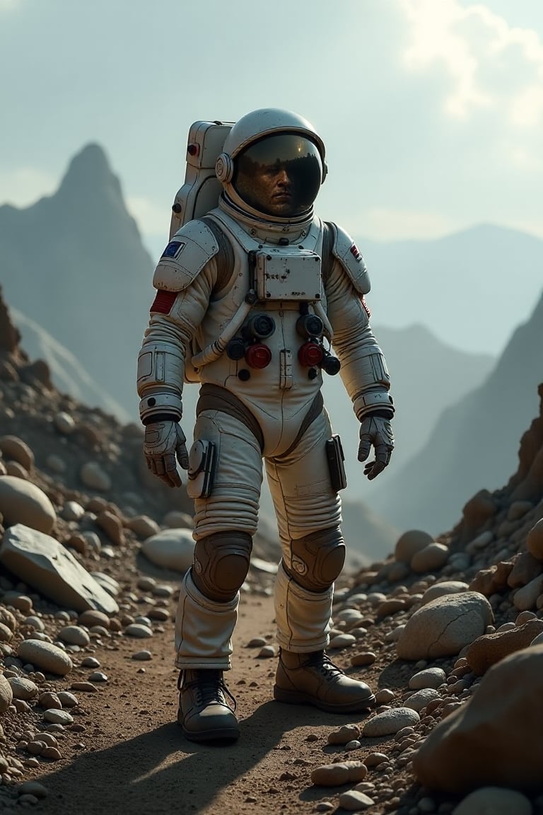 A lone astronaut stands amidst crumbling ruins, the scene bathed in a post-apocalyptic gloom. The astronaut's suit is weathered, reflecting the harsh environment. The background features desolate landscapes and remnants of a once-thriving civilization. The lighting is dim, casting long shadows that emphasize the sense of desolation. The composition frames the astronaut in the foreground, with the ruins sprawling in the mid-ground and distant horizon.