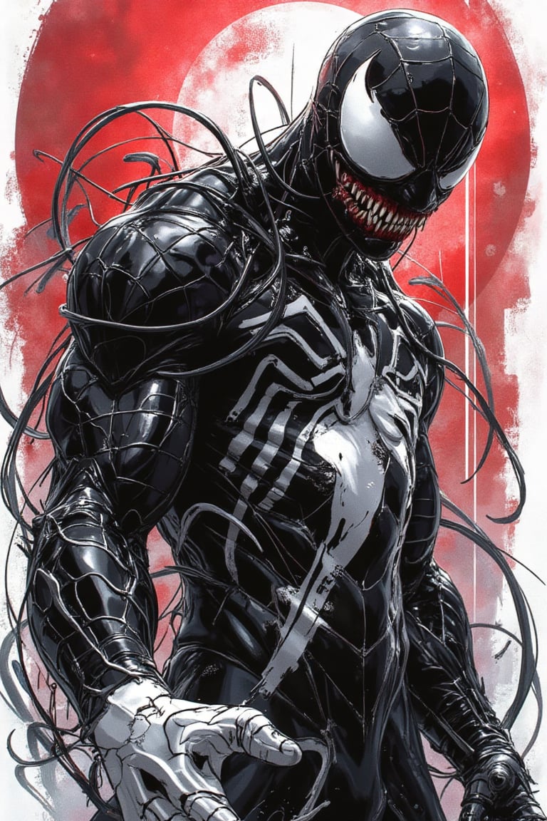 A gritty black and white illustration of Spider-Man, framed with a dramatic red sunburst in the background, as Venom's ominous presence looms large. The web-slinger's heroic pose is met with Venom's menacing dunk, a nod to Mike Deodato Jr.'s style. Miles Morales' iconic character meets Ryan Stegman-inspired symbiote chaos, blending Marvel art and Venomized mayhem.


