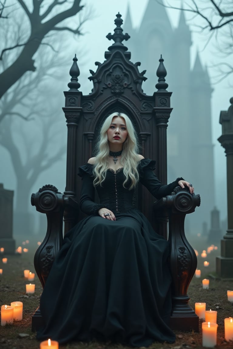 A gothic-style chair sits in the center of a fog-covered cemetery. The atmosphere is eerie, with weathered tombstones and ancient, twisted trees with jagged branches. The dark mahogany chair is intricately designed with strange metal valves, gears, and tubes, giving it a steampunk touch. Its high back features twisted vine-like carvings. Seated on the chair is an Asian woman with icy blonde hair cascading in loose waves, slightly tousled by the breeze. She wears a modest, black Victorian-inspired gown with high neckline, long sleeves, and intricate lace detailing. The layers of fabric blend into the mist around her, creating an elegant silhouette. Her pale skin and crimson lips stand out against the dark scene, and she gazes intensely into the distance. She wears silver rings with gothic designs and a dark choker with a silver pendant. Candles are positioned on the ground around her, casting soft, glowing light through the dense fog. Numerous candles on the ground create an eerie glow, enhancing the atmosphere of darkness and horror. In the background, shadowy gothic architecture rises from the mist, adding to the ominous and haunting mood."