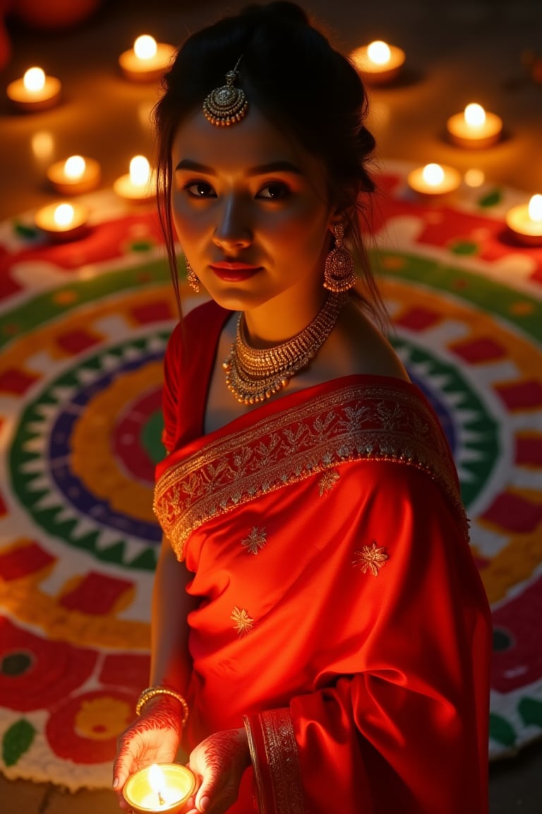 A hyperrealistic photograph of a beautiful Asian Malay woman dressed in a red sari with intricate gold embroidery, standing in the warm glow of an oil lamp on the night of Diwali. She looks directly at the viewer with a gentle, warm expression. She is surrounded by a vibrant, colorful rangoli design on the ground behind her, with small candles glowing all around, enhancing the festive atmosphere. Her hands are adorned with detailed mehendi (henna art), and she wears glittering gold jewelry, including large earrings that reflect the soft light. Her light-toned skin glows with the interplay of light and shadow, creating a mystical, romantic ambiance.