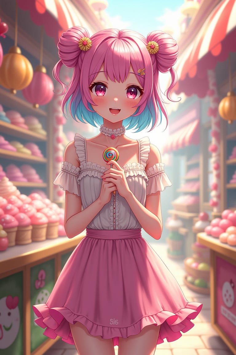 "A young woman with playful pink and blue hair styled in twin buns stands in a vibrant, candy-themed market, illustrated in a realistic anime style. She wears a sheer, ruffled top and a matching pink skirt, holding a colorful lollipop. The background is filled with highly detailed candy displays and ornamental decorations, bathed in warm, soft light. The realistic anime style emphasizes more natural proportions and lifelike textures, with a focus on intricate details in her clothing, hair, and the market setting, while maintaining an expressive, emotional tone."