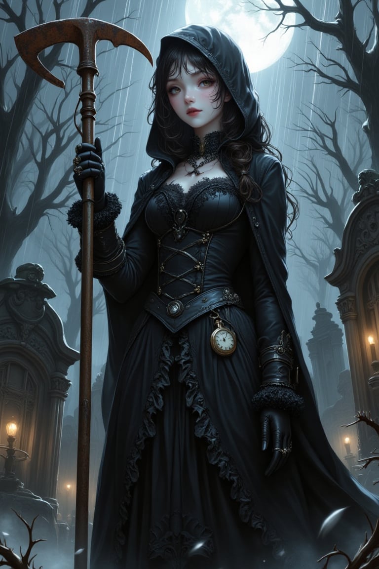 "An anime-style female undertaker in a dark, Victorian-inspired outfit stands in an ancient cemetery at night. She wears a fitted, high-collared, long-tailed black coat over a layered dress with lace details and silver chains across her chest, exuding gothic elegance. A dark hooded cloak flows behind her, and she has leather gloves with intricate silver embroidery on the cuffs. Her expression is haunting, with pale skin and intense, shadowed eyes that reflect wisdom and sorrow. Long, wavy black hair falls to her waist, damp from the rain, with stray strands framing her face. Subtle, smoky eye makeup and dark, matte lipstick enhance her ghostly allure. In one hand, she firmly grips a monstrous hoe with a rusted blade, designed for digging graves, standing in a poised, powerful stance. Silver rings adorn her fingers, and a vintage pocket watch dangles from her belt. The background is an ancient, eerie cemetery with numerous, crumbling tombstones and twisted leafless trees, all shrouded in mist and darkness. Rain pours down, glistening in the moonlight, with fog swirling around her feet and occasional lightning flashes casting a haunting glow. The perspective is from a low angle, giving her a towering, commanding presence, with highly detailed anime-style shading and line work. The color palette is rich and dark, capturing the intensity and drama of the night."