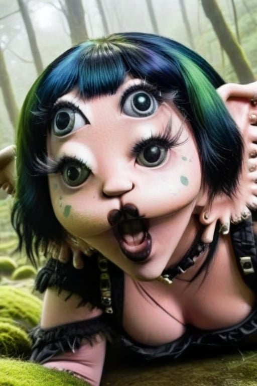 Melanie martinez crawling to the ground black hair using goth mossy outfit opened mouth 4 eyes, detailed face,good finger,normal arm,best quality,18k