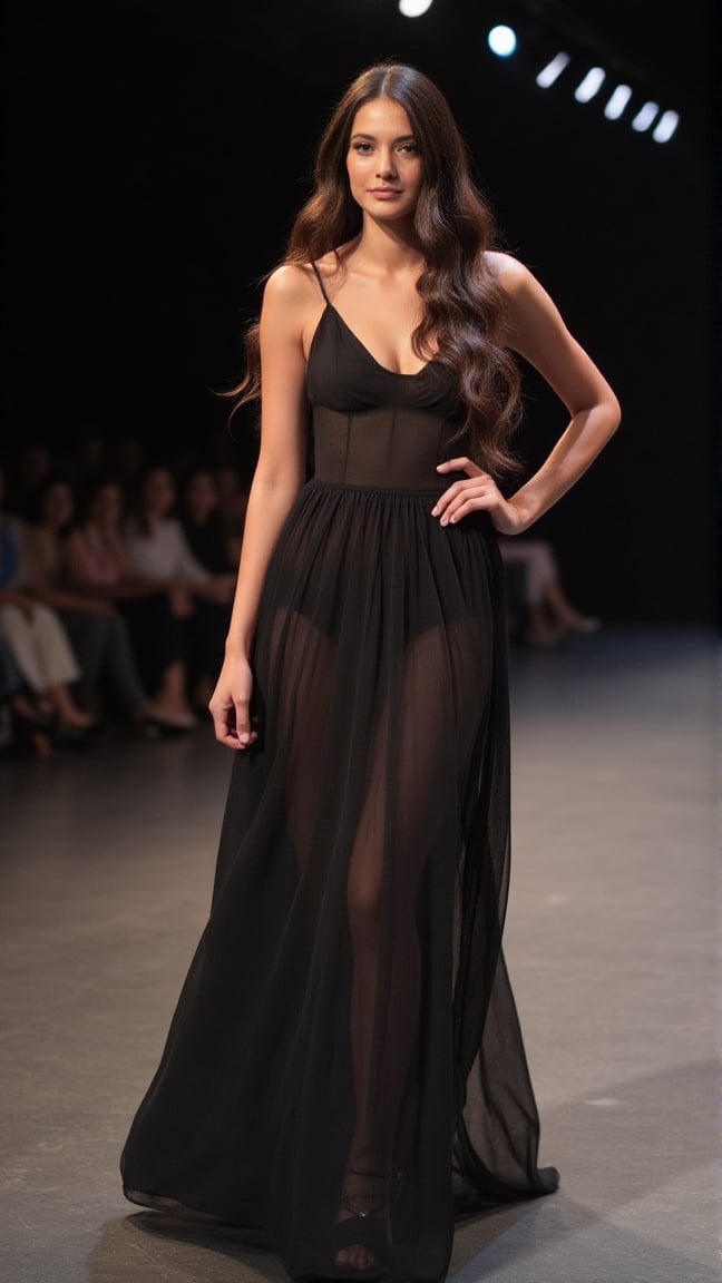 a young woman with long dark brown hair, beautiful young woman wearing dress, fashion show