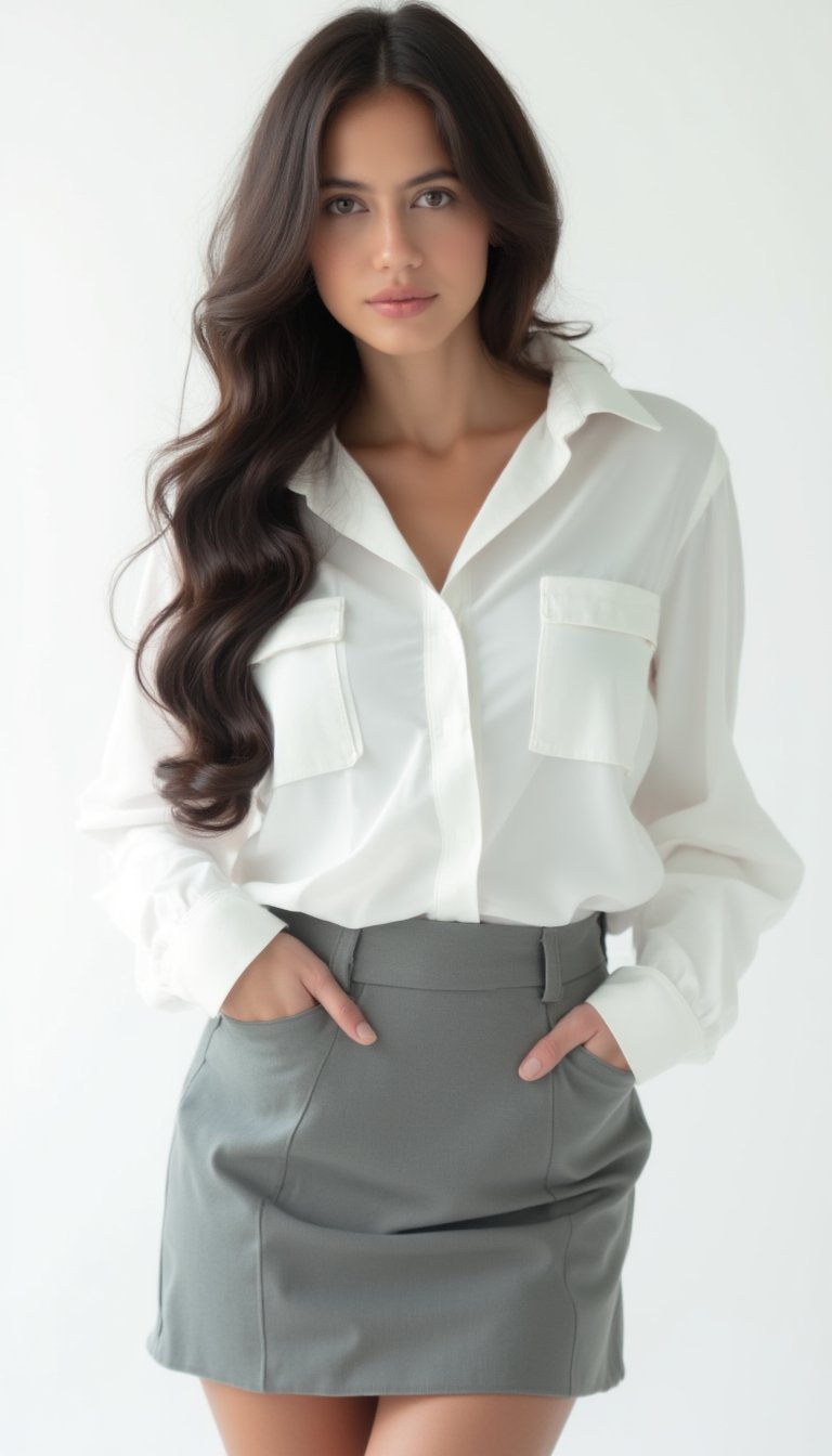 A sultry mermaid-like siren, her porcelain doll-like complexion aglow under softbox lighting on a crisp white background. Her luscious locks cascade down her back as she poses in a school uniform getup, complete with a crisp white shirt and short grey skirt, her human features a striking contrast to the nautical attire