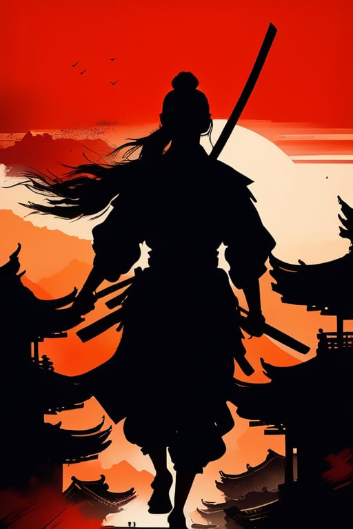 Still of the night, over the rooftops, 1girl, running assassin waving a bushido, silhouette, ink brushstrokes in background, upper body, dynamic brushstrokes, masterpiece quality, stunninh image, INK