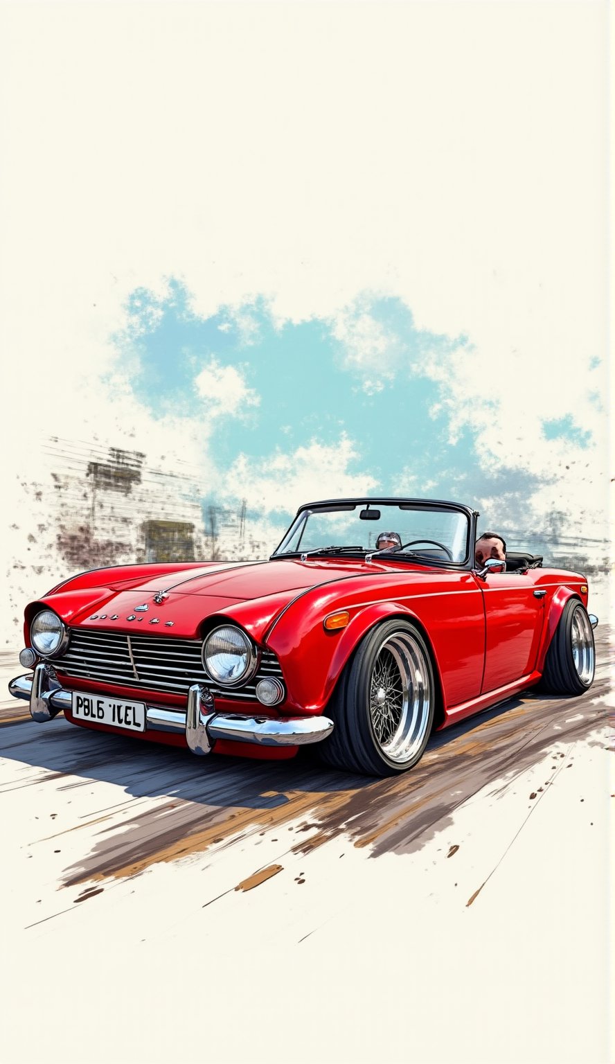 Deep learning model flowchat in colour of a triumph tr4 from 1962 rwb, wide body, sketch, cartoonish, comic strip, Chip Foose car rendering, chrome wheels, bagged, slammed to the ground, masterpiece