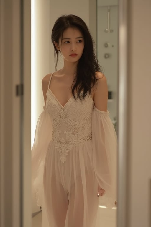 Full-body shot of an Asian girl in a bathroom, wearing a gorgeous nightgown under a sheer top, revealing too much skin. Sheer suit and wide-neck dress, transparent fabric highlighted by studio lights. 80k UHD, capturing exclusive details with a focus on the revealing nature of the attire.