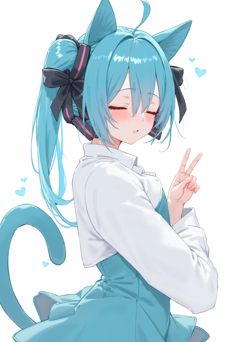 Hatsune Miku, shirt, aqua hair, dress, ribbon, closed eyes, tail, virtual youtuber, blue hair, hair bun, black ribbon, cat ears, wearing white boy friend shirt