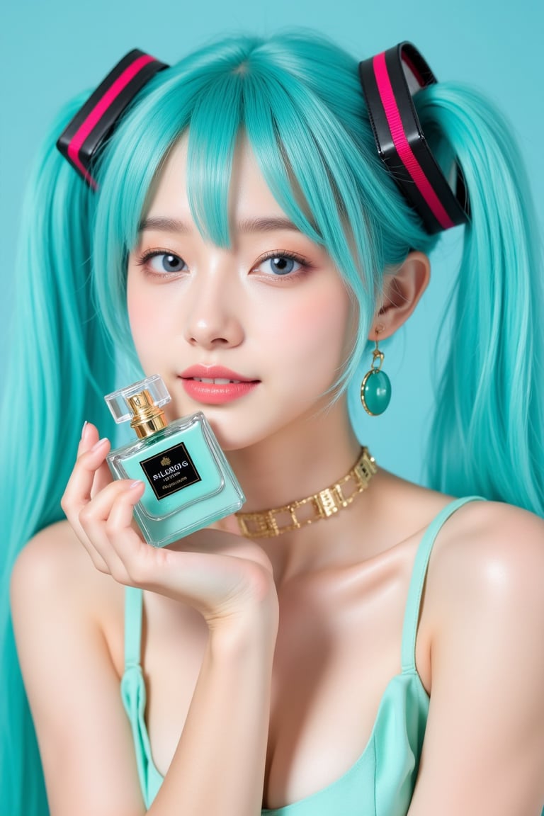 SuchSkin, deblur, 32K
portrait of Hatsune Miku, photo studio, cosmetic portrait shooting. holding luxury teal perfume bottle near her face.