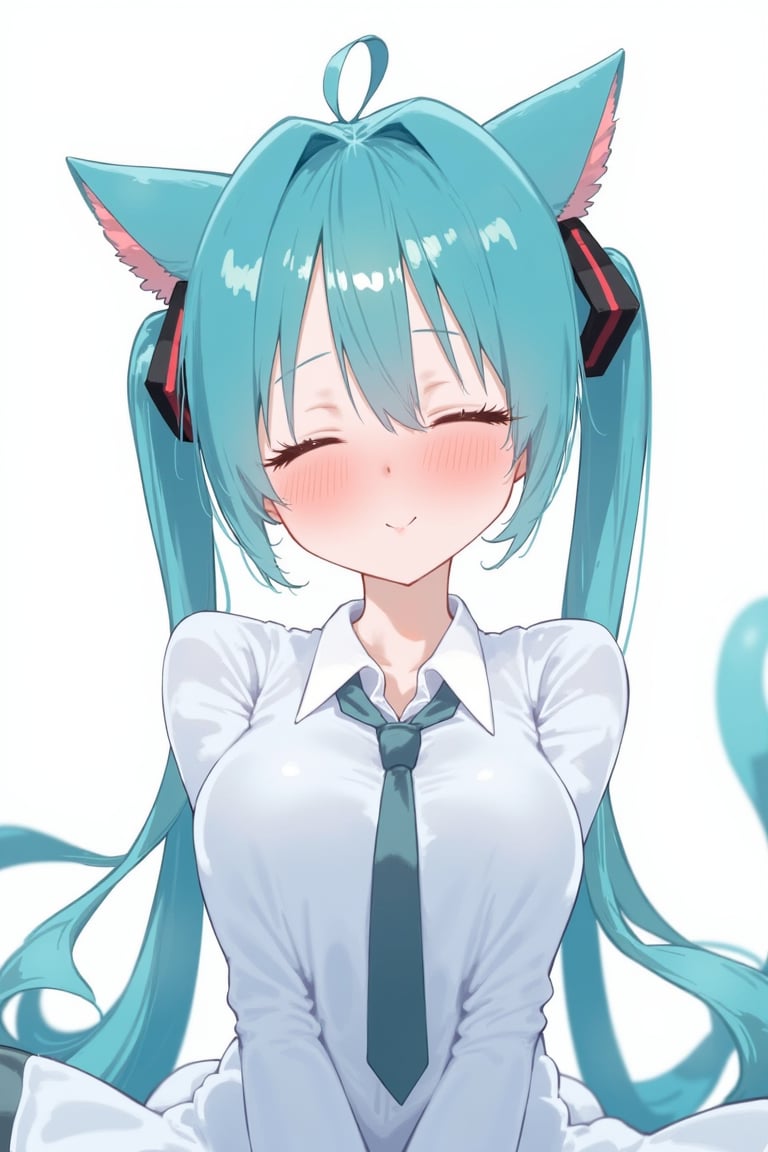 Hatsune Miku, shirt, aqua hair, dress, ribbon, closed eyes, tail, virtual youtuber, blue hair, hair bun, black ribbon, cat ears, wearing white shirt