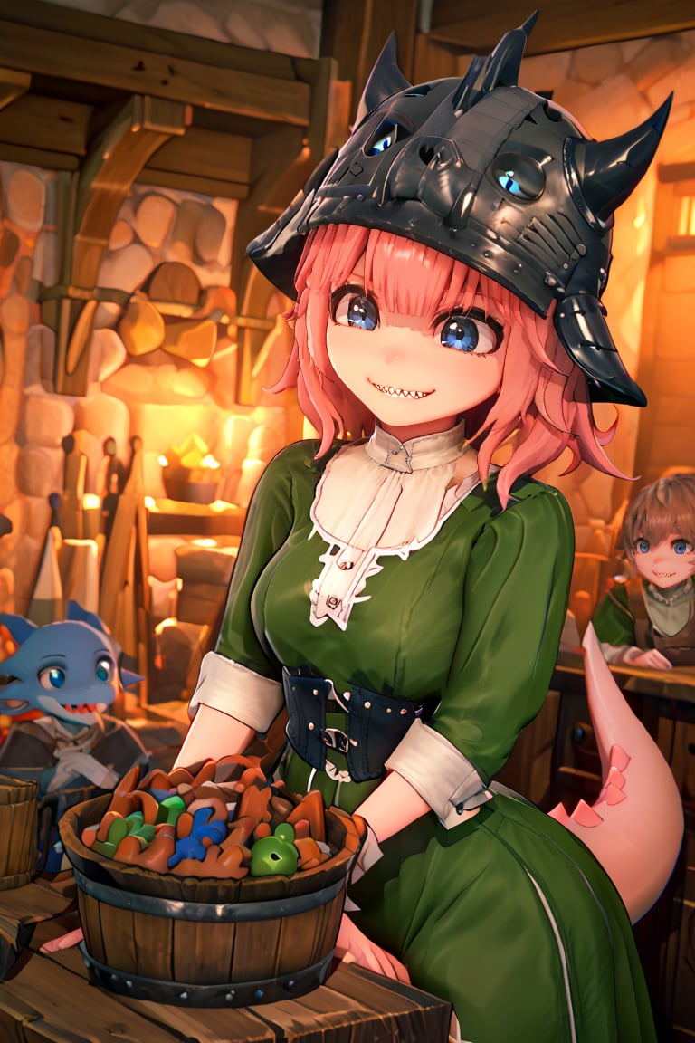 SuchKoiKatsu,masterpiece,best quality,1girl,SuchHorriGirl. sharp teeth, cute female pink kobold with blue eyes and no ears, wearing medieval dress, green tunic, and helmet, medieval tavern in background