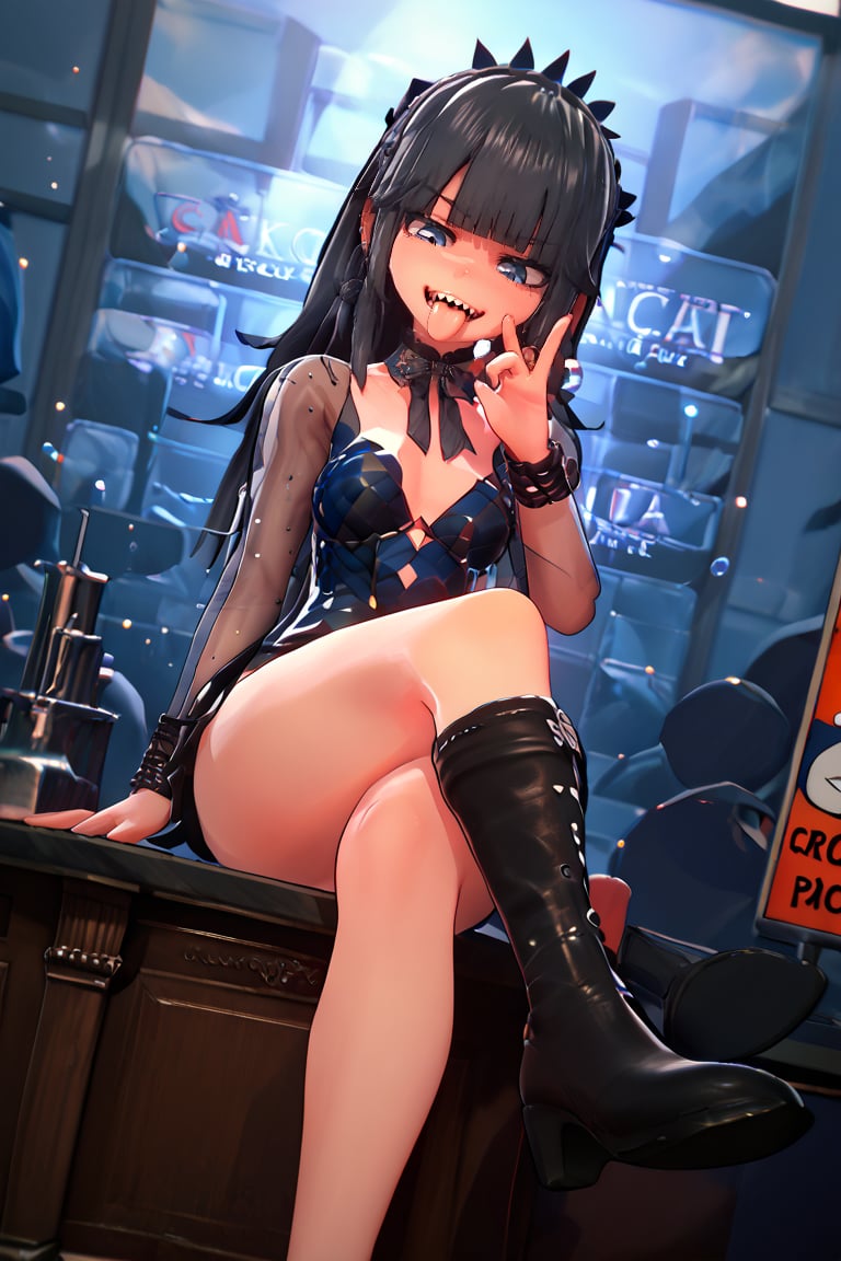 SuchKoiKatsu,masterpiece,best quality,1girl,SuchHorriGirl. sharp teeth, score_9,  score_8_up, score_7_up, score_6_up, source_anime,
1girl, long hair, black hair, blue eyes, 
disco dress, microdress, cunnilingus gesture, crossed legs, tongue, 
 
