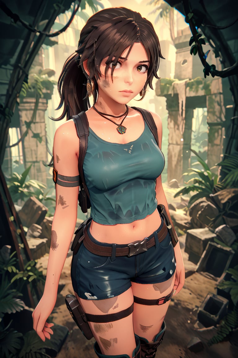 SuchKoikatsu, score_9, score_8_up, score_8, painting of Lara Croft (tomb raider), 20 years old, beautiful girl, long dark hair, loose ponytail, sweaty, earrings, necklaces, dirty aqua blue crop top, tight short latex shorts, boots, holsters on thigh straps, pierced navel, jungle, ancient ruins, fast painting, dirt portrait, very colorful, glitch, sparkles, (intricate details), (dynamic angle), (cinematic lights), (realistic skin:1.4), sharp, (analog film grain), colorful background,