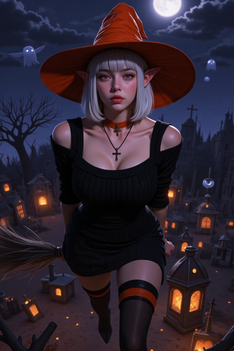 SuchKGirl,2.5D,hyper realistic,SuchDetail
safe_pos, score_9, score_8_up, score_7_up, score_6_up.
BREAK;
Ana, perfect face, witch, red eyes, elf ears, bobbed white hair, orange witch hat, red collar, cross necklace, black off the shoulder knitted sweater, pleated skirt, thigh highs, elbow sleeves.
BREAK;
Ana is (flying on broom:1) above a haunted graveyard.
BREAK;
The background is (Halloween night), dark, shadows, from above. Floating ghosts, fog, night sky, enchanted moon.
BREAK;
easynegative, Expressiveh, g0thicPXL, glowing, neon,