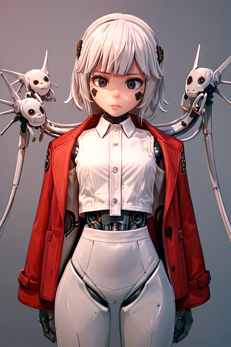 SuchKoikatsu, (score_9,score_8_up,score_7_up,score_6_up,score_5_up,score_4_up), 1girl cyborg, mechanical body, doll joints, white porcelain doll face, black eyes, coattails, collared coat, intricate detail, highly detailed