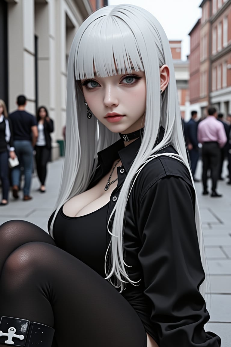 SuchKGirl,2.5D,hyper realistic,
score_9, score_8_up, score_7_up, score_6_up, pretty woman, 21 year old, 1girl, very pale skin, white skin, goth girl, emo, eyeliner, eyeshadow, white hair, long hair, straight hair, happy, smile, pretty face, long hair, long sleeves, black clothing, shirt, skirt, sexy pose, public, downtown city