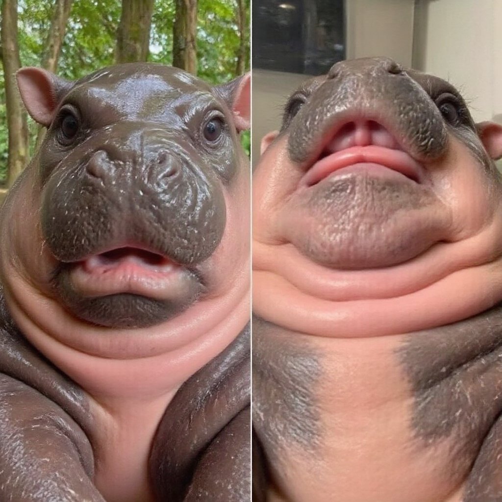 SuchFailSelfie, a selfie of a moodeng hippo with same color and pattern

Left is it good looking portrait.

Right is it doing low angle funny face. short neck