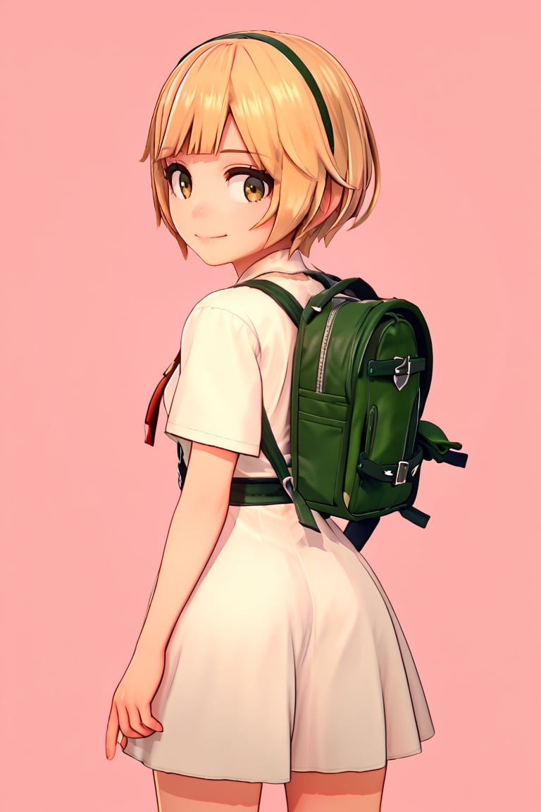 SuchKoikatsu, score_8_up, score_7_up, score_6_up, source_anime, 1girl, solo, blonde hair, short hair, simple background, pink background,
standing, arched back, cowboy shot, facing viewer
from behind, looking back
happy, green backpack, white dress