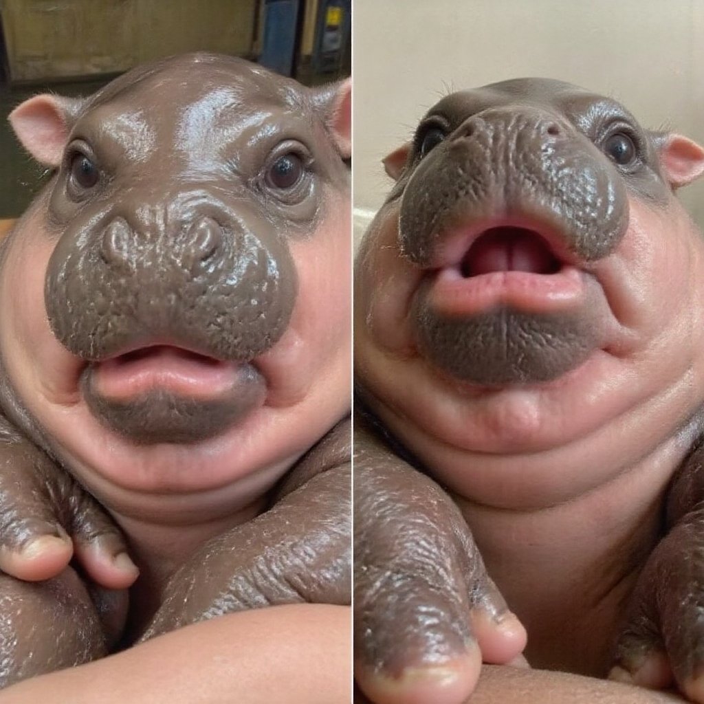 SuchFailSelfie, a selfie of a moodeng hippo with same color and pattern

Left is it good looking portrait.

Right is it doing low angle funny face. short neck