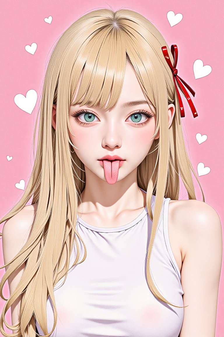 SuchKGirl,2.5D,hyper realistic,SuchDetail,Enhanced all
score_9,score_8_up,score_7_up, 1girl, aqua eyes, blonde hair, blush, eyelashes, hair ornament, heart, heart-shaped pupils, heart background, heart hair ornament, long hair, looking at viewer, one side up, open mouth, pink background, portrait, red ribbon, ribbon, saliva, shirt, sidelocks, smile, solo, symbol-shaped pupils, teeth, tongue, tongue out, upper teeth only