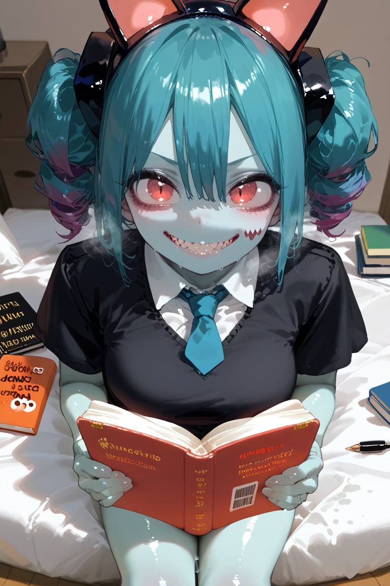 FFPPWET,SuchHorriGirl,ffppwet,wet skin,lustrous skin,very wet skin,oily skin,shiny skin,olied skin,steaming body,very sweaty,
 Hatsue Miku, reading book in cozy bed room, high angle, grin face, sharp teeth, 