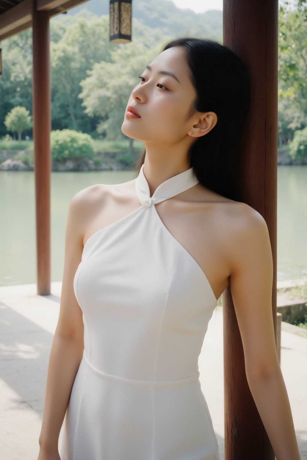 A scholarly lady in a fitted qipao with frog buttons,  leaning against a wooden pillar in a pavilion. The dress contours h...