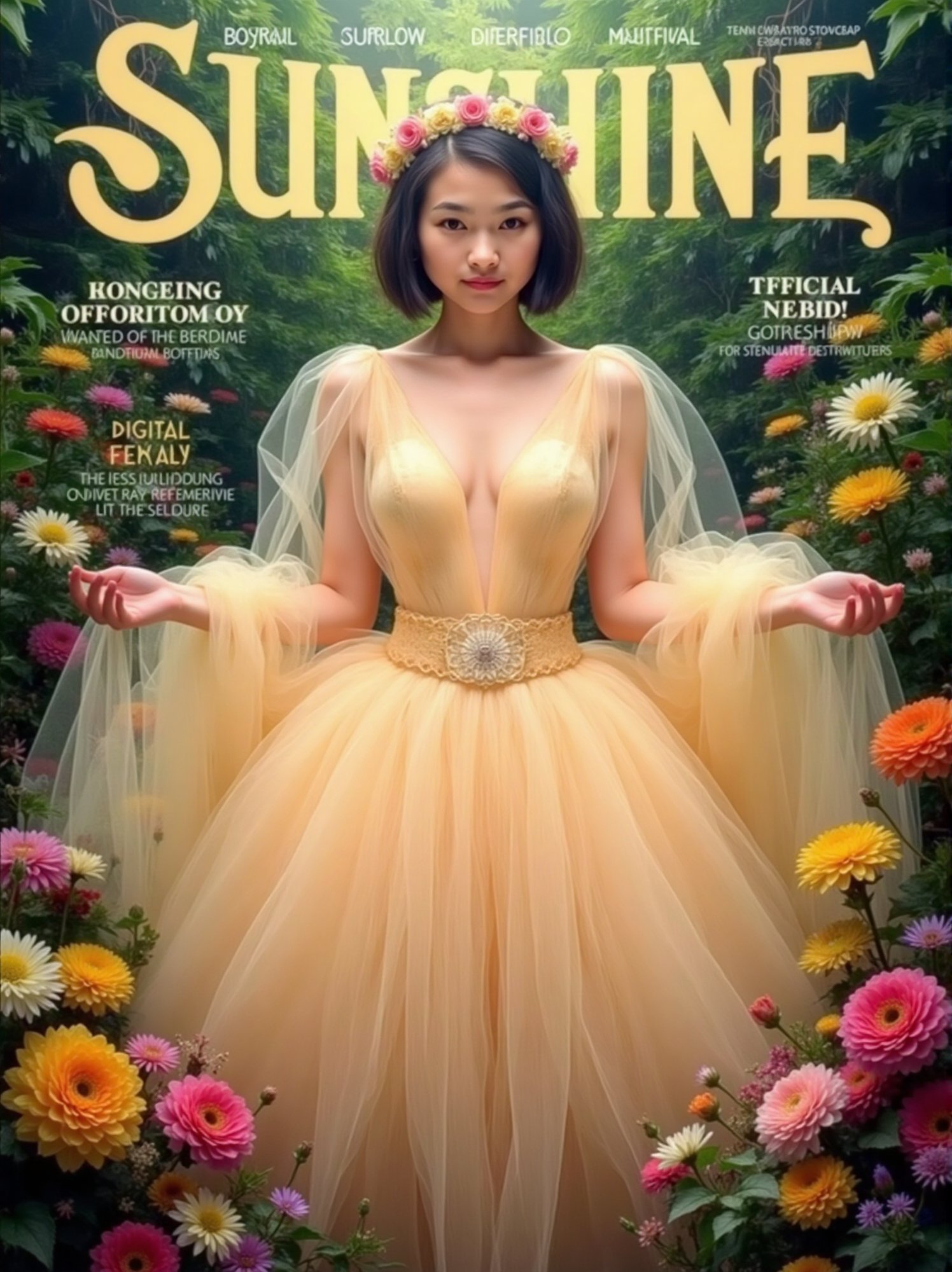 Prompt: Here is a magazine cover titled SUNSHINE':girl with a divine appearance, dressed in an elegant ensemble of ethereal and semi-transparent clothing, with a deep neckline that runs from her chest to her navel. Her hair is short, reaching her shoulders, and she wears soft makeup that highlights her natural beauty. A crown of small, delicate flowers adorns her head, adding to her ethereal charm. She appears as a forest goddess, surrounded by a lush landscape full of vibrant flowers and vegetation. A colorful aura surrounds her, emphasizing her divinity as her attire flows harmoniously with the environment, radiating a mystical and serene presence,