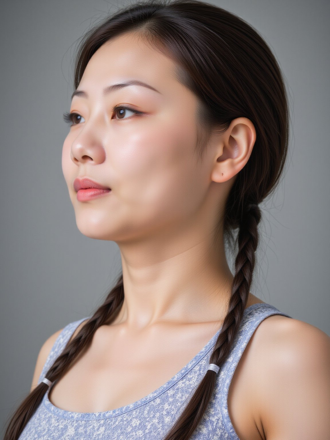 blurry, depth_of_field, blurry_background, blurry_foreground, photo_\(medium\), 1girl, nail_polish, photo_background, braid, striped, twin_braids, 3d, earrings, solo, jewelry, blue_nails, realistic, asian, black_hair, motion_blur