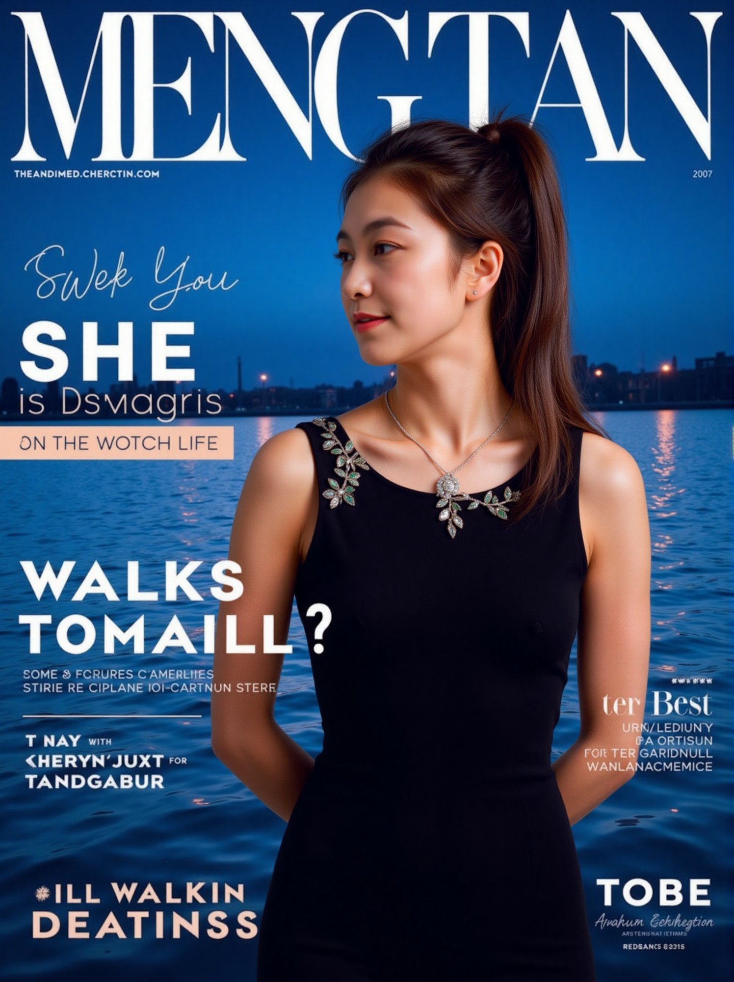 A striking magazine cover featuring a confident woman standing before a serene body of water, the dark blue background accentuated by bold white typography: MENG TAN at the top and SHE and WALKS IN BEAUTY below. She wears a sleek black dress, adorned with jewelry, her ponytailed hair pulled back as she gazes to the right, a subtle smile playing on her lips.
