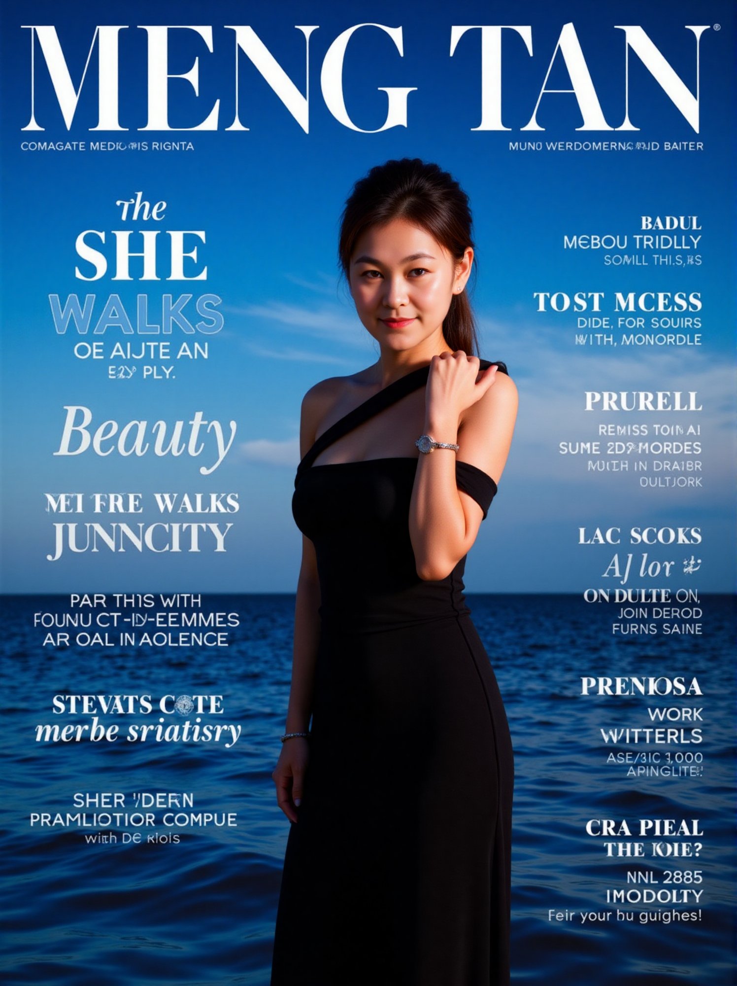 A striking magazine cover featuring a confident woman standing before a serene body of water, the dark blue background accentuated by bold white typography: MENG TAN at the top and SHE and WALKS IN BEAUTY below. She wears a sleek black dress, adorned with jewelry, her ponytailed hair pulled back as she gazes to the right, a subtle smile playing on her lips.
